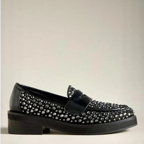 Anthropologie Bibi Lou Jaya Gem Loafers Black Leather Jewels - Picture 5 of 12